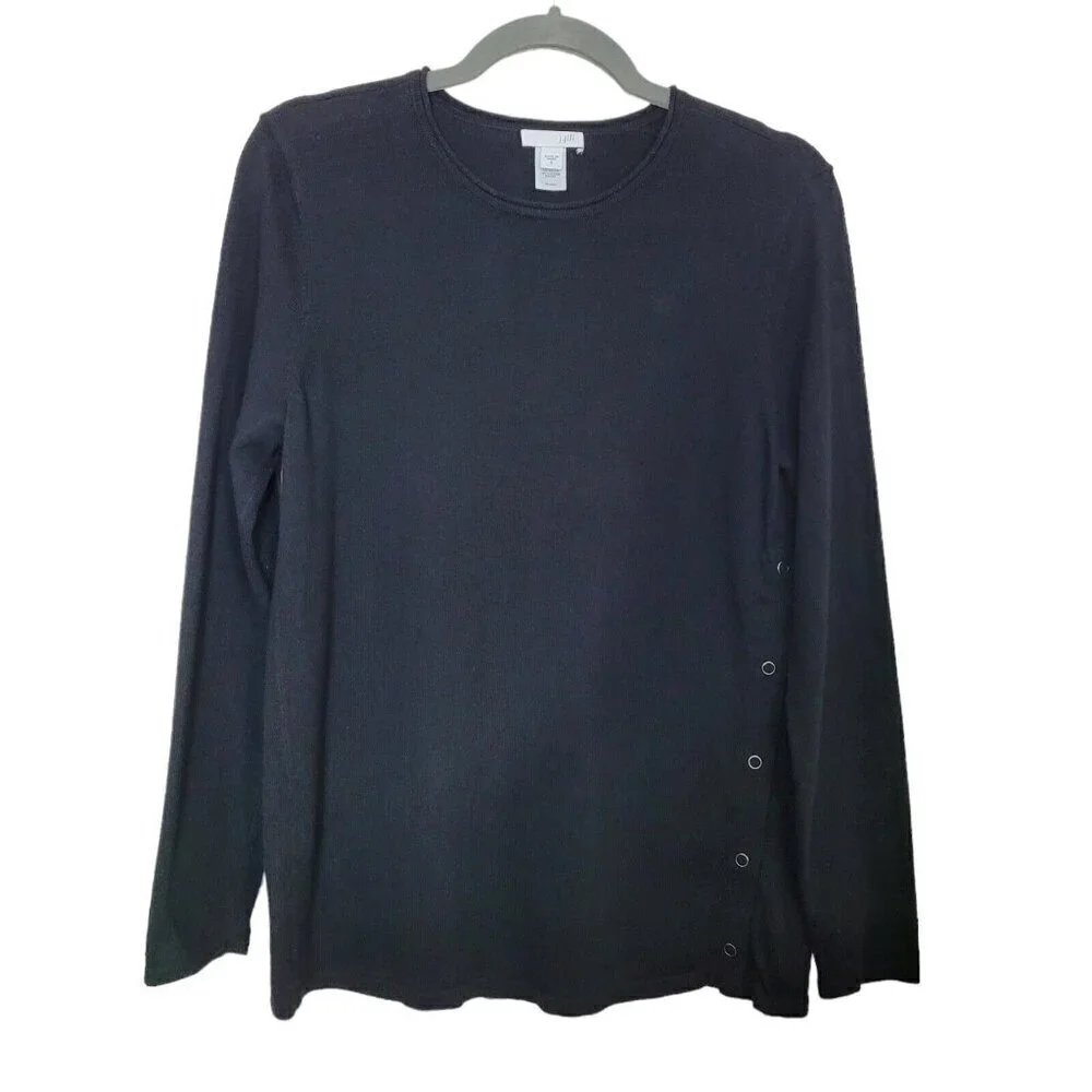J. Jill Sz Small Black Pullover Sweater Side Snap Design Rolled Crew Neck Casual